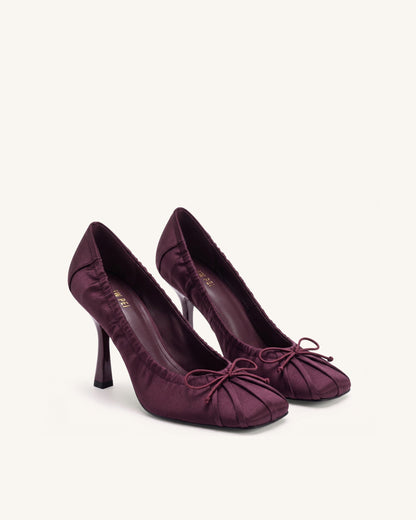 Solenne Satin Bow Ruched Pumps - Burgundy | JW PEI