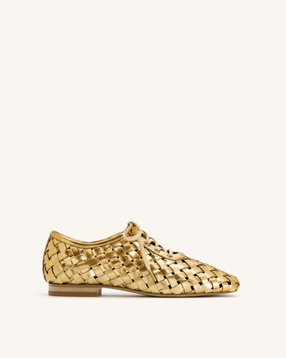 Kayla Weave Strap Flat Shoes - Gold | JW PEI