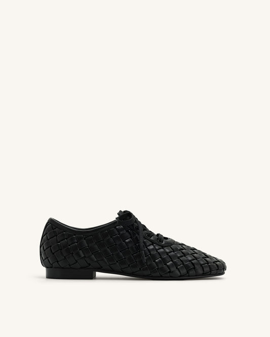 Kayla Weave Strap Flat Shoes - Black | JW PEI