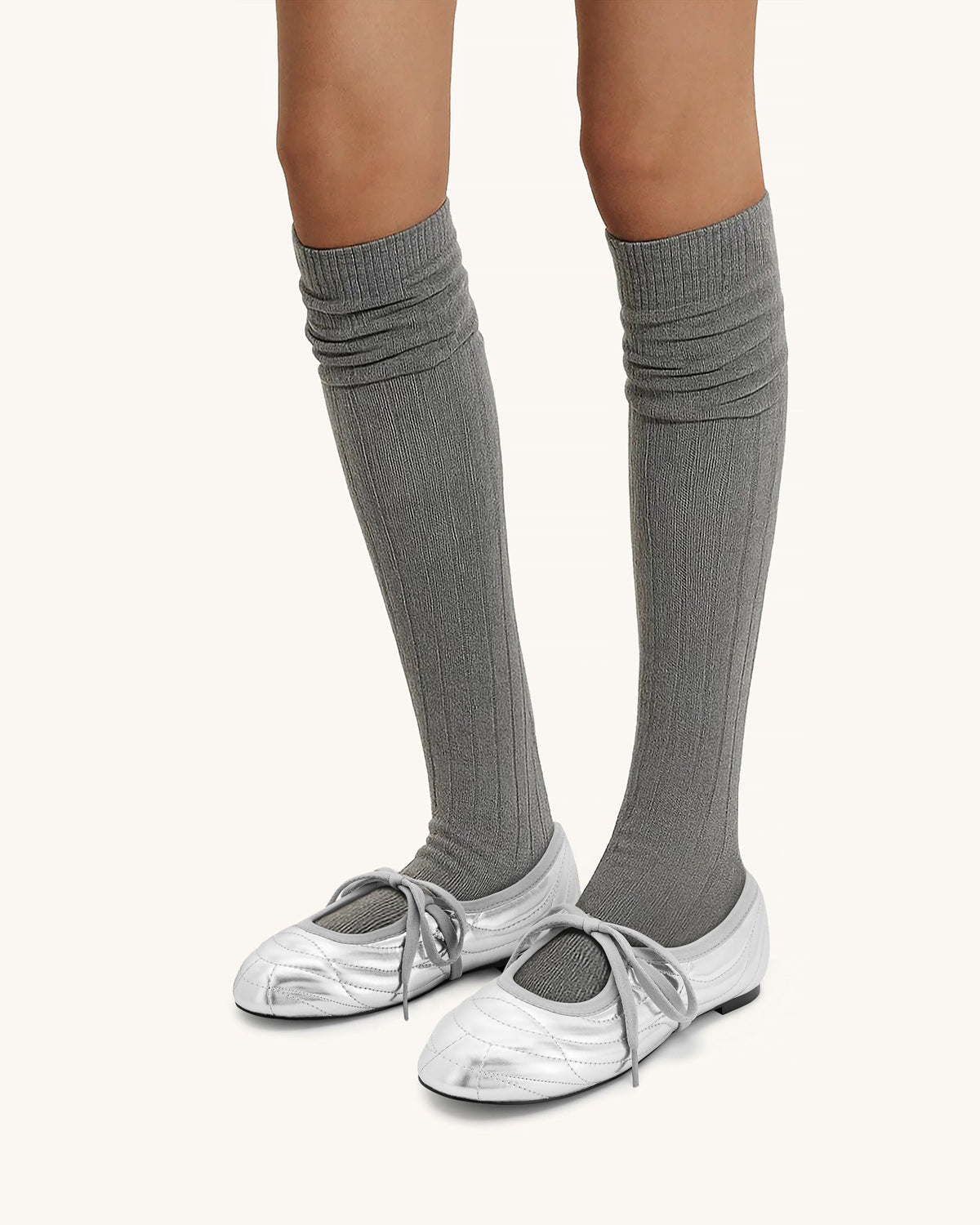 Erika Topstitching lace-up ballet Flats- Silver | JW PEI
