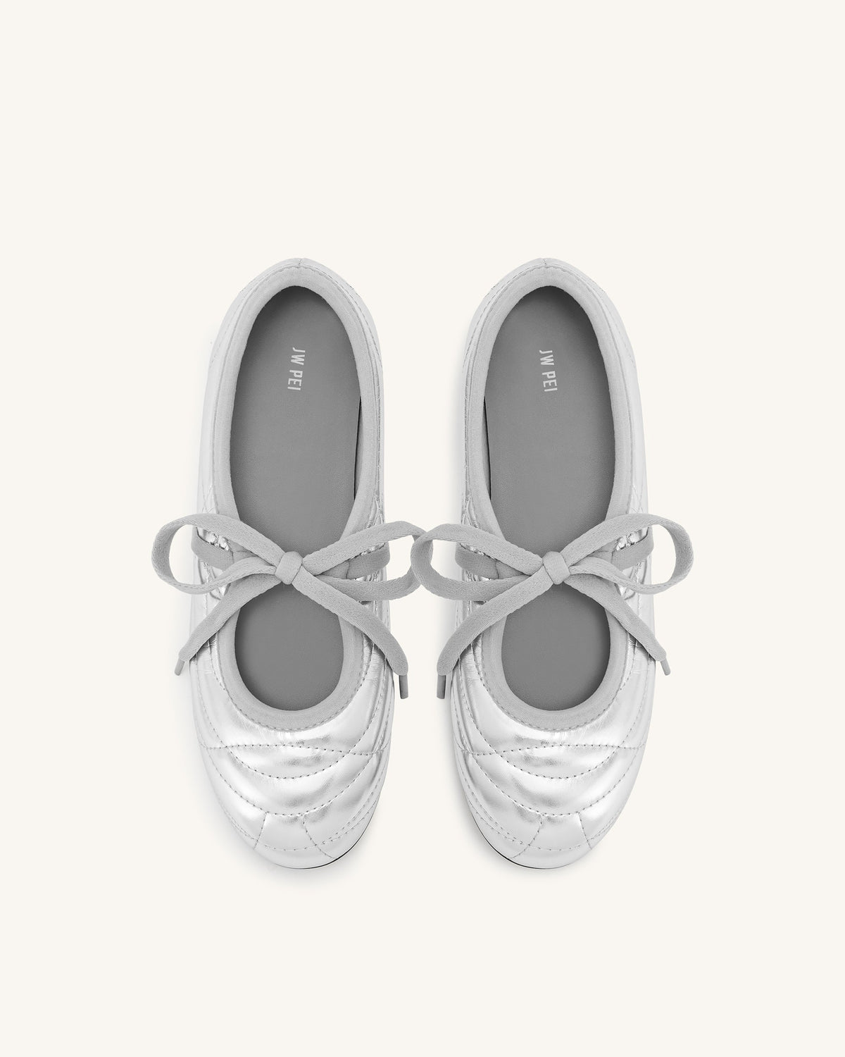 Erika Topstitching lace-up ballet Flats- Silver | JW PEI
