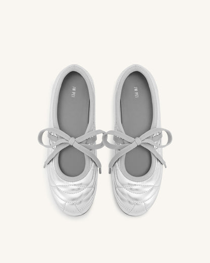 Erika Topstitching lace-up ballet Flats- Silver | JW PEI