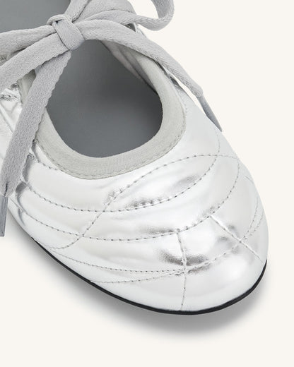 Erika Topstitching lace-up ballet Flats- Silver | JW PEI