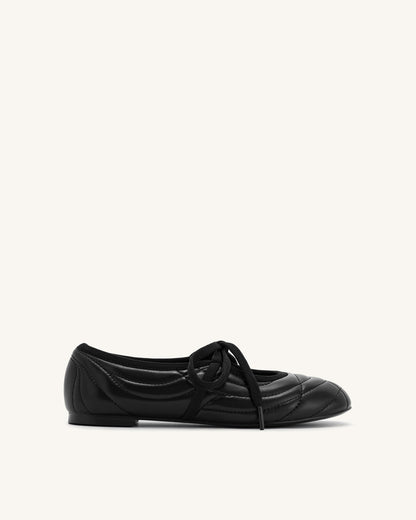 Erika Topstitching lace-up ballet Flats- Black | JW PEI