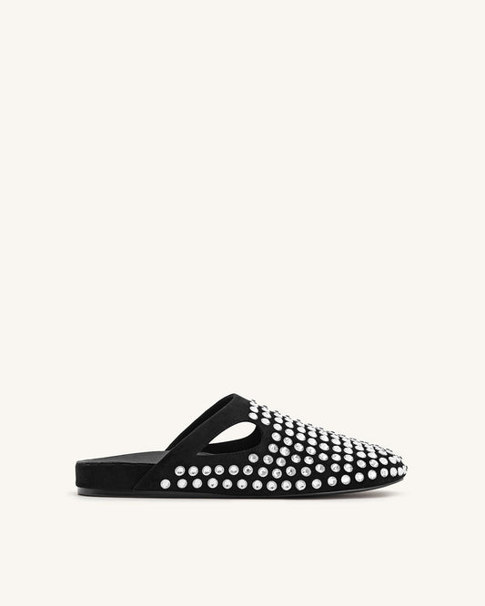 Athena Artificial Crystal Flat Mules - Black | JW PEI