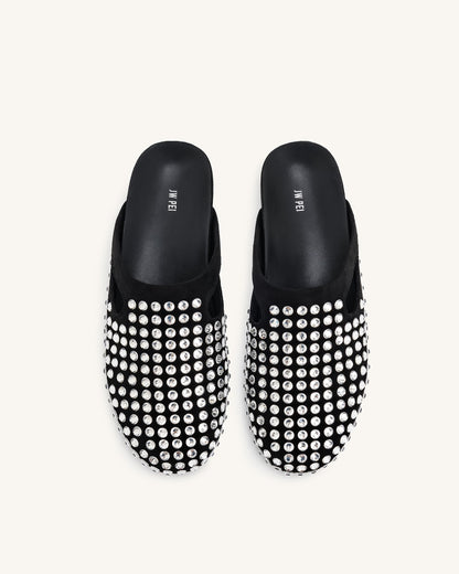 Athena Artificial Crystal Flat Mules - Black | JW PEI