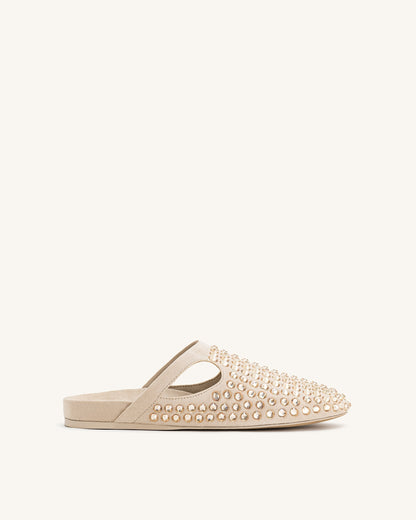 Athena Artificial Crystal Flat Mules - Beige | JW PEI