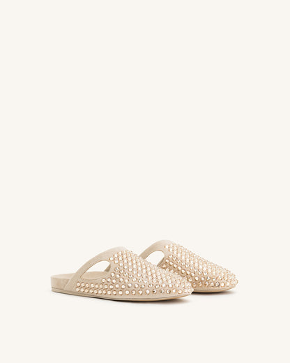 Athena Artificial Crystal Flat Mules - Beige | JW PEI