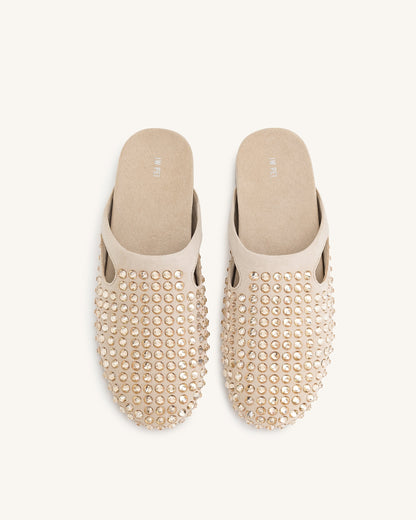 Athena Artificial Crystal Flat Mules - Beige | JW PEI