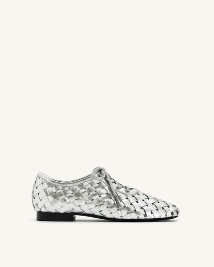 Kayla Weave Strap Flat Shoes - Silver | JW PEI