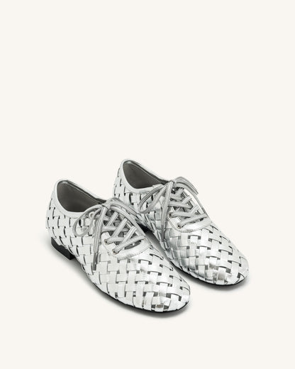 Kayla Weave Strap Flat Shoes - Silver | JW PEI