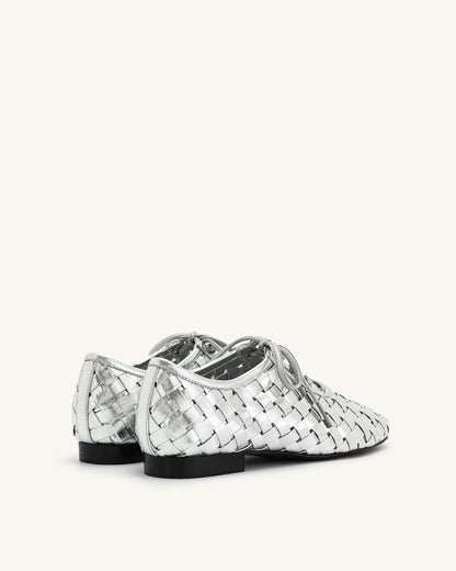 Kayla Weave Strap Flat Shoes - Silver | JW PEI