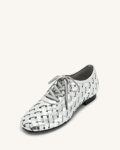 Kayla Weave Strap Flat Shoes - Silver | JW PEI