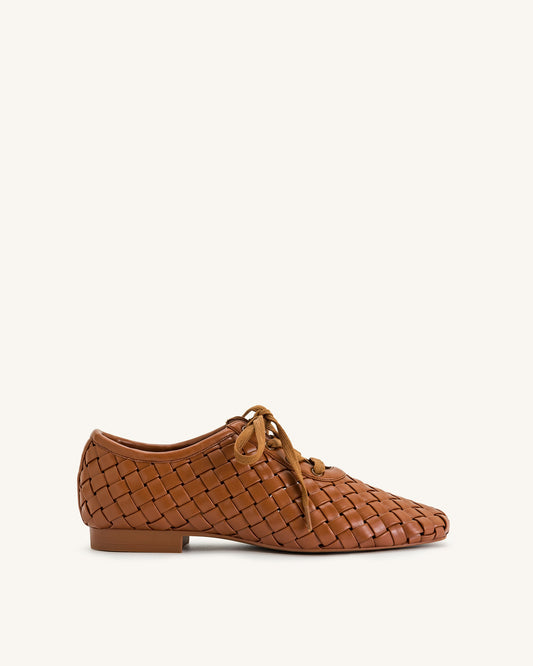 Kayla Weave Strap Flat Shoes - Brown | JW PEI