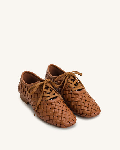 Kayla Weave Strap Flat Shoes - Brown | JW PEI