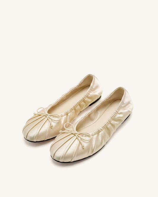 Solenne Ruched Drawstring Satin Ballet Flats - Beige | JW PEI