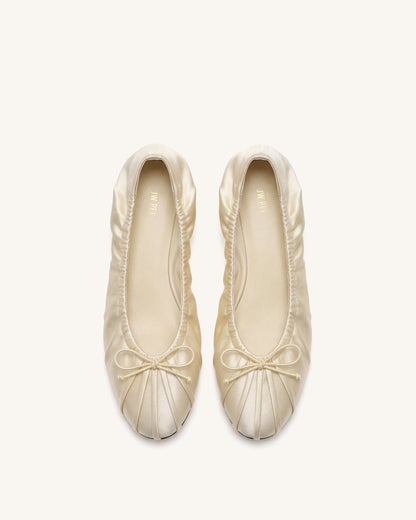 Solenne Ruched Drawstring Satin Ballet Flats - Beige | JW PEI