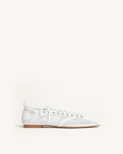 Ava Lace-Up Mesh Flats - White | JW PEI