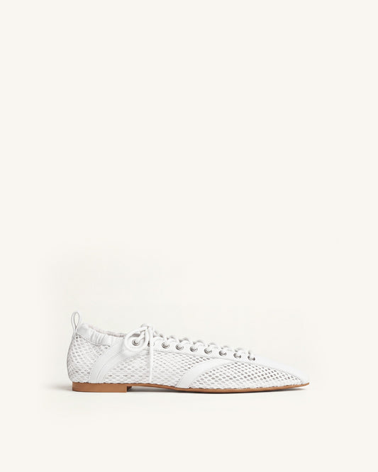 Ava Lace-Up Mesh Flats - White | JW PEI