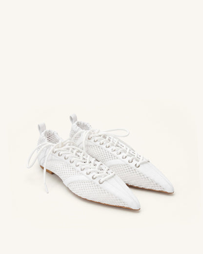Ava Lace-Up Mesh Flats - White | JW PEI