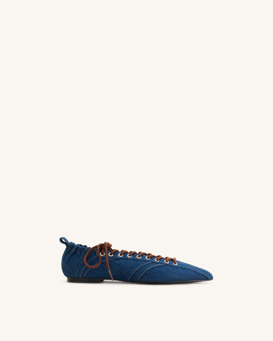 Ava Lace-Up Flats - Denim Blue | JW PEI