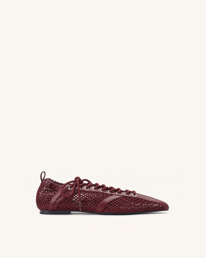Ava Lace-Up Mesh Flats - Burgundy | JW PEI
