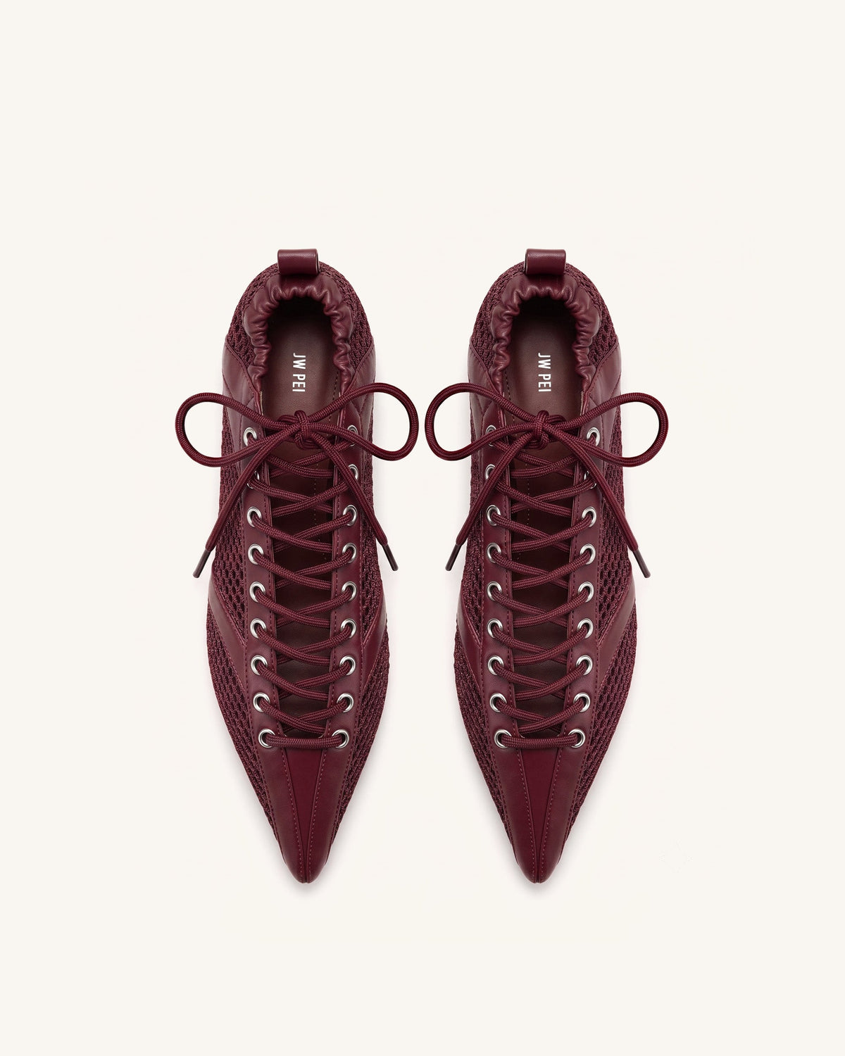 Ava Lace-Up Mesh Flats - Burgundy | JW PEI
