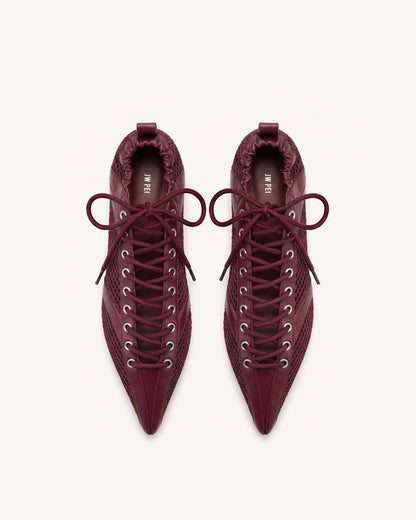 Ava Lace-Up Mesh Flats - Burgundy | JW PEI