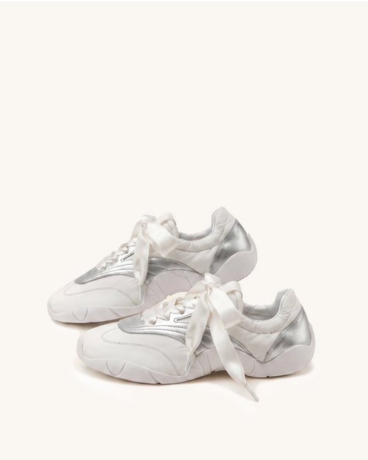Flavia Ribbon Lace Ballerina Sneakers - White Silver | JW PEI