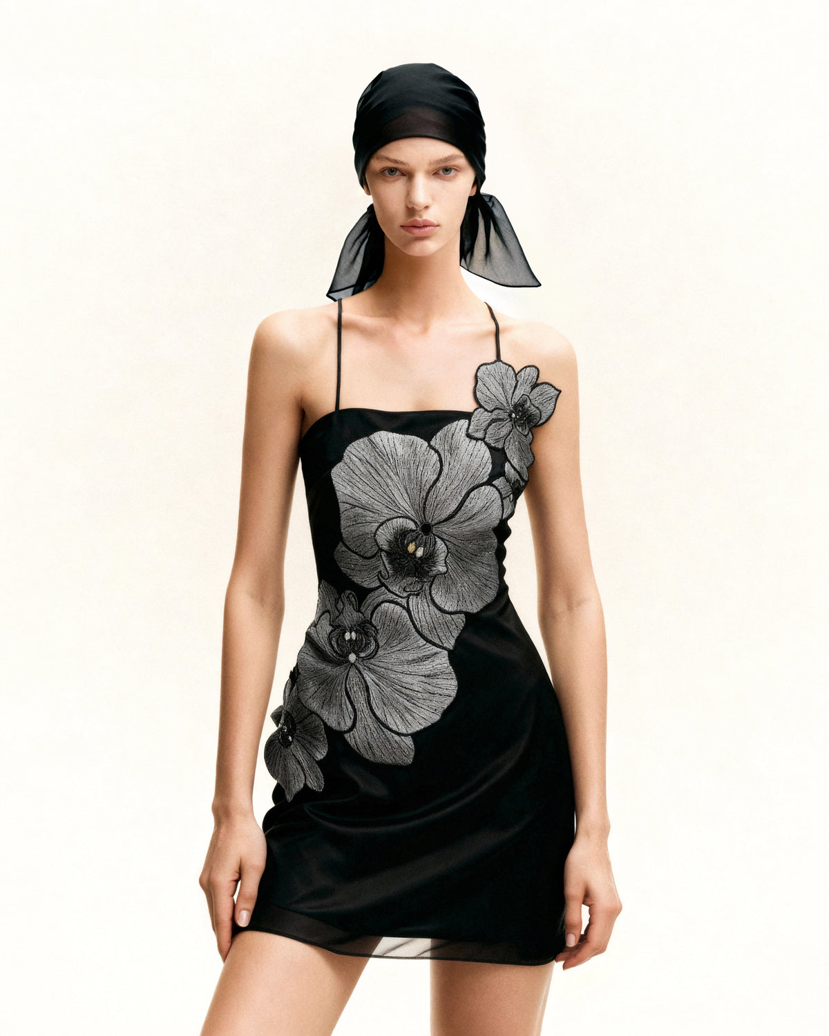Orchid Appliqué Mini Dress - Black/Silver | JW PEI