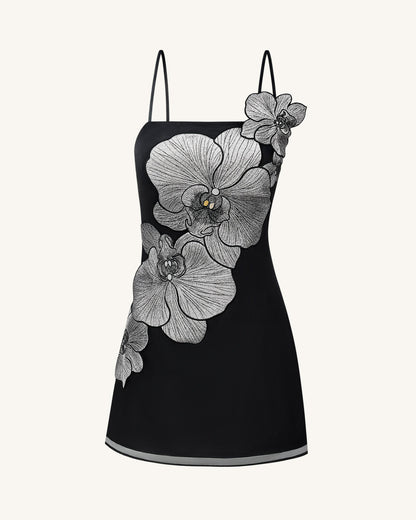 Orchid Appliqué Mini Dress - Black/Silver | JW PEI