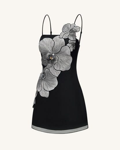Orchid Appliqué Mini Dress - Black/Silver | JW PEI