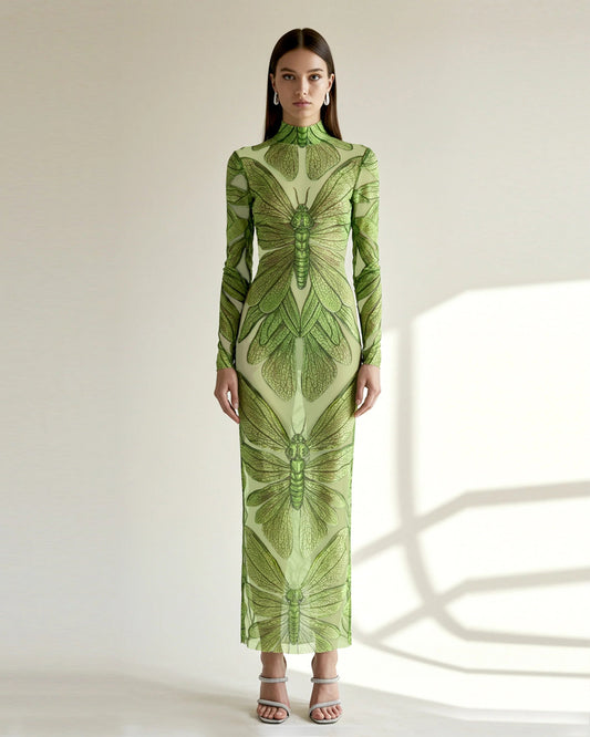 Emerald Dragonfly Sheer Mesh Gown - Green | JW PEI