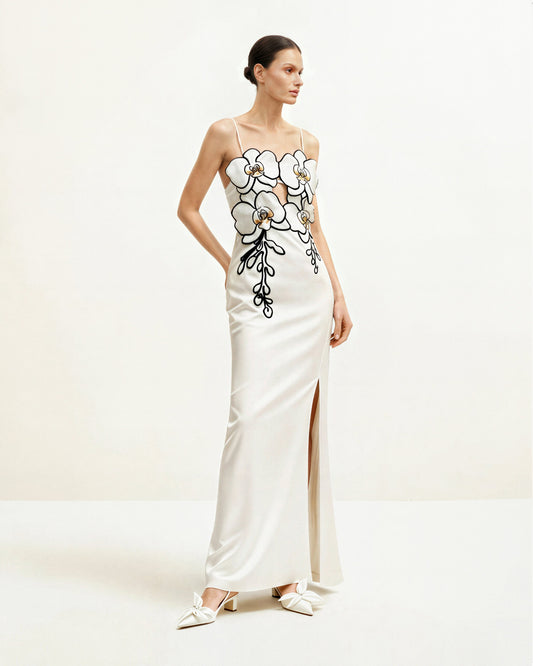 Orchid Embroidered Dress - White/Black | JW PEI