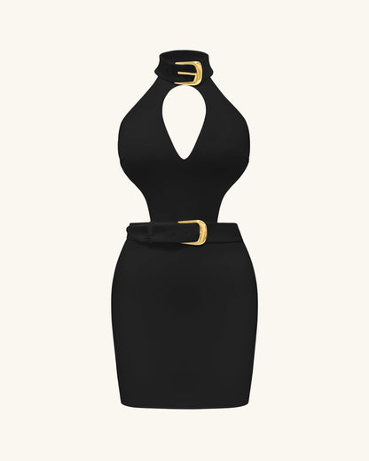 Gabriella Belted Cutout Halter Mini Dress - Black | JW PEI