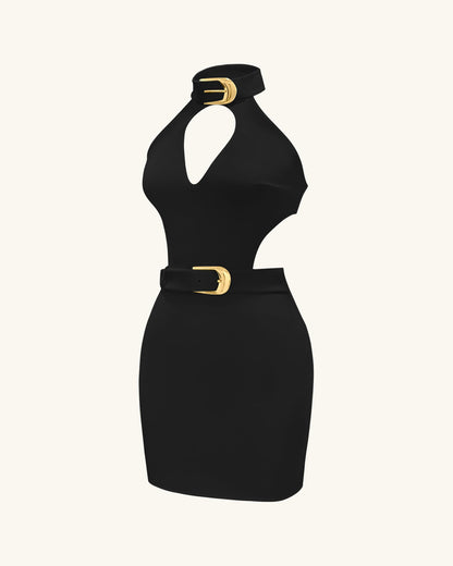 Gabriella Belted Cutout Halter Mini Dress - Black | JW PEI