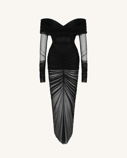 Emily Elegant Off-Shoulder Ruched Gown - Black | JW PEI