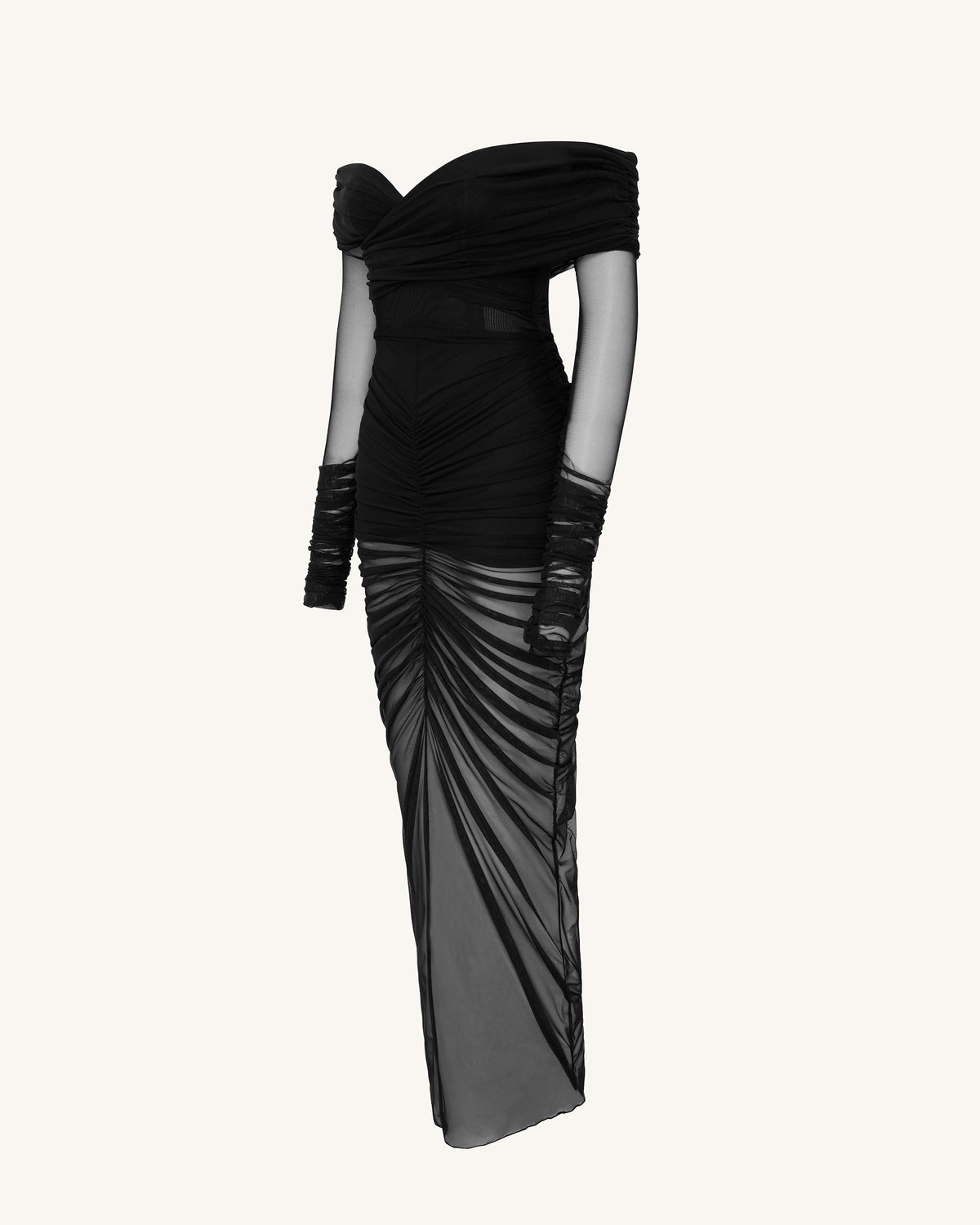 Emily Elegant Off-Shoulder Ruched Gown - Black | JW PEI