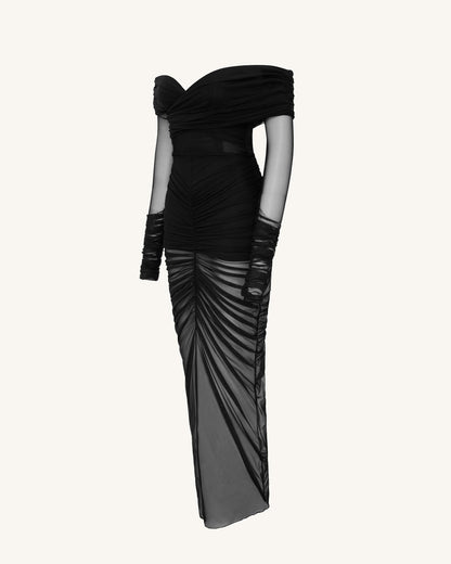 Emily Elegant Off-Shoulder Ruched Gown - Black | JW PEI