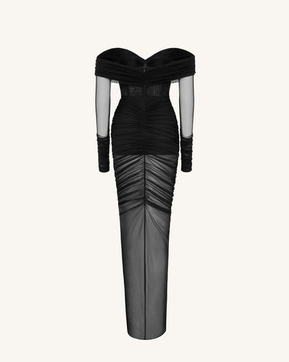 Emily Elegant Off-Shoulder Ruched Gown - Black | JW PEI