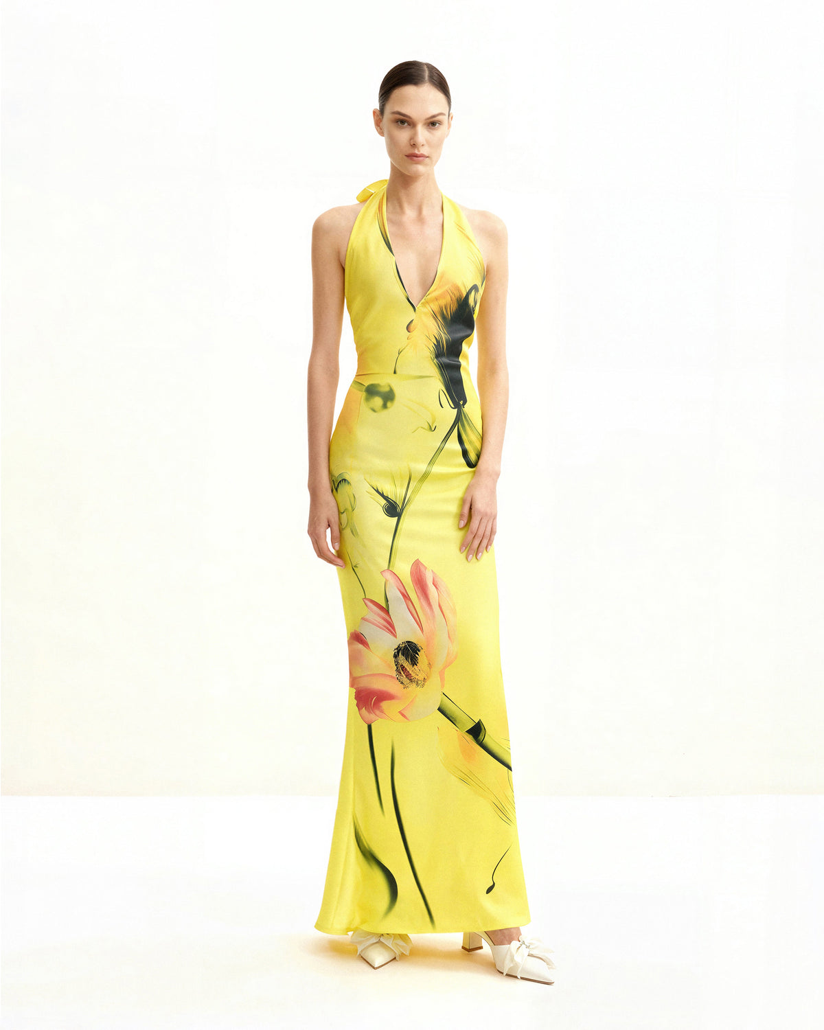 Floral Satin Halter Dress - Yellow/Pink | JW PEI