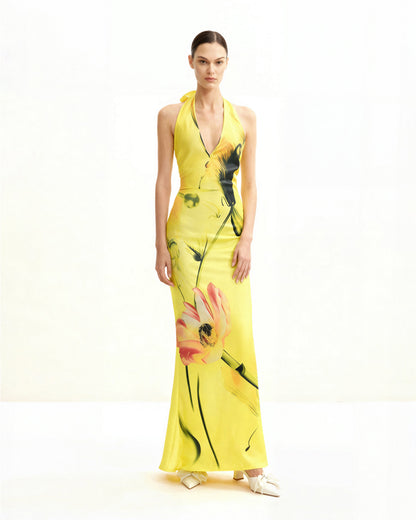 Floral Satin Halter Dress - Yellow/Pink | JW PEI