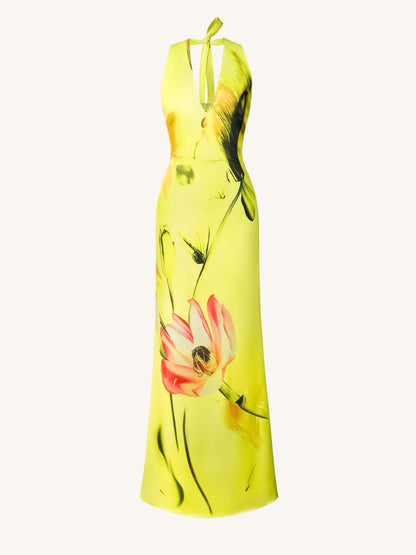 Floral Satin Halter Dress - Yellow/Pink | JW PEI