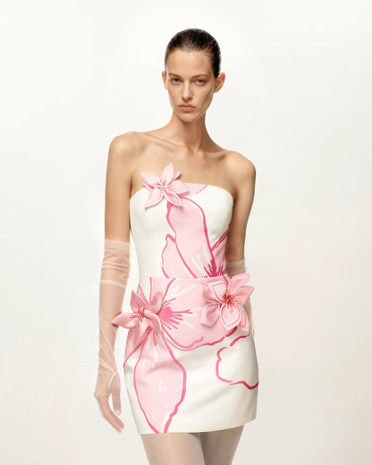Mini Dress with Pink Floral Appliqués - White/Pink | JW PEI