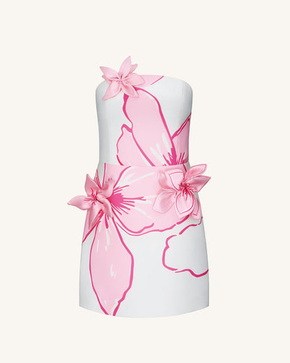 Mini Dress with Pink Floral Appliqués - White/Pink | JW PEI