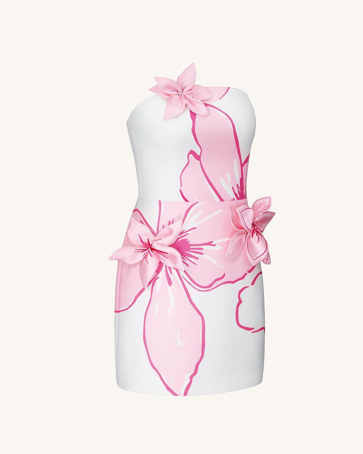 Mini Dress with Pink Floral Appliqués - White/Pink | JW PEI