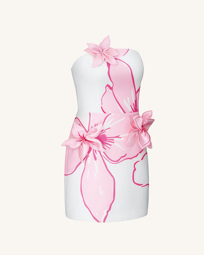 Mini Dress with Pink Floral Appliqués - White/Pink | JW PEI