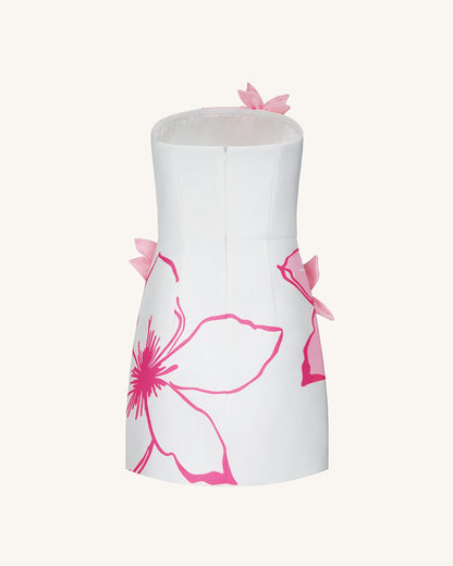 Mini Dress with Pink Floral Appliqués - White/Pink | JW PEI