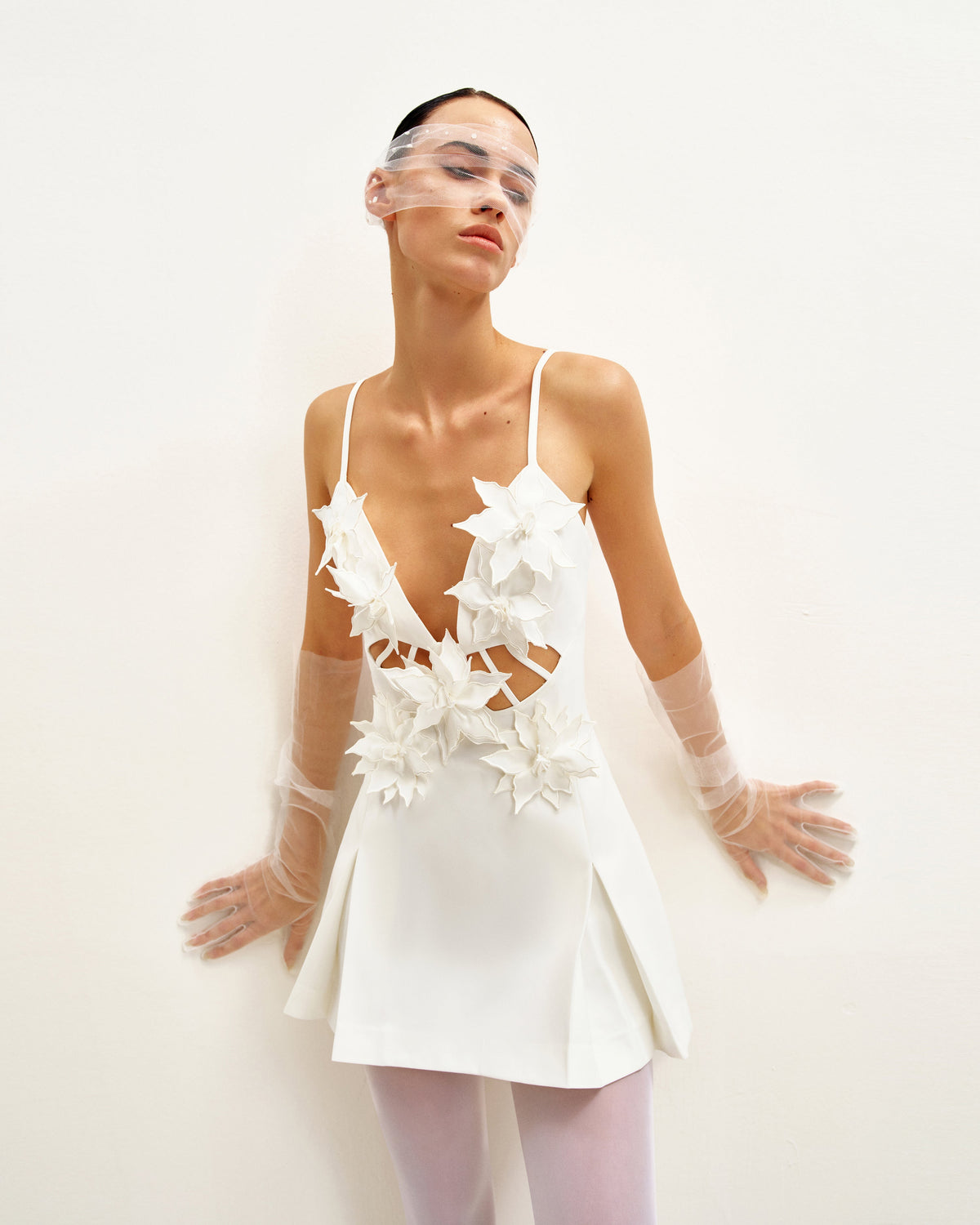 Yuliya White Floral Embellishment V-neckline Mini Dress - White | JW PEI