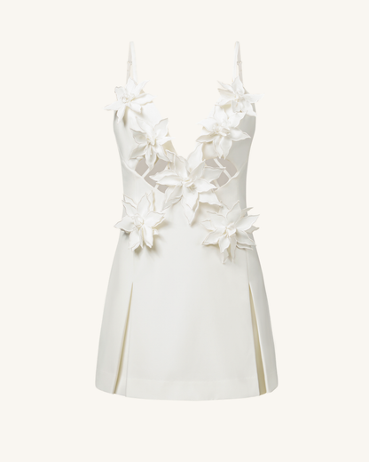 Yuliya White Floral Embellishment V-neckline Mini Dress - White | JW PEI